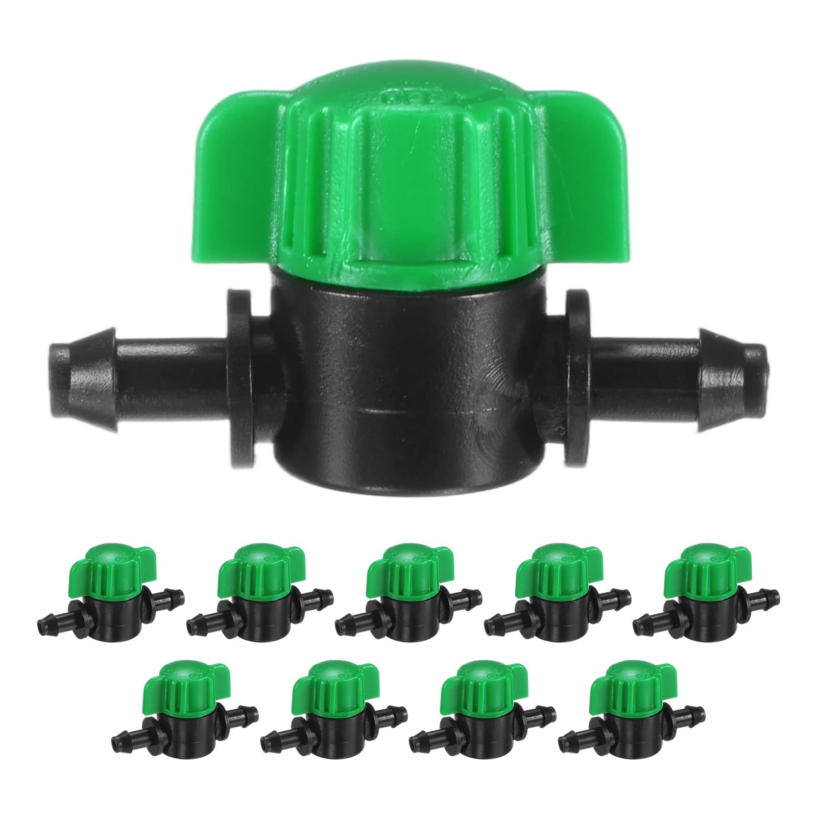 M METERXITY 10-Pack Drip Irrigation Valves, 1/4 Inch Plastic Barbed Shut-Off Valve for Drip Tubing/Garden Irrigation System/Lawn and Greenhouse Watering [Green]