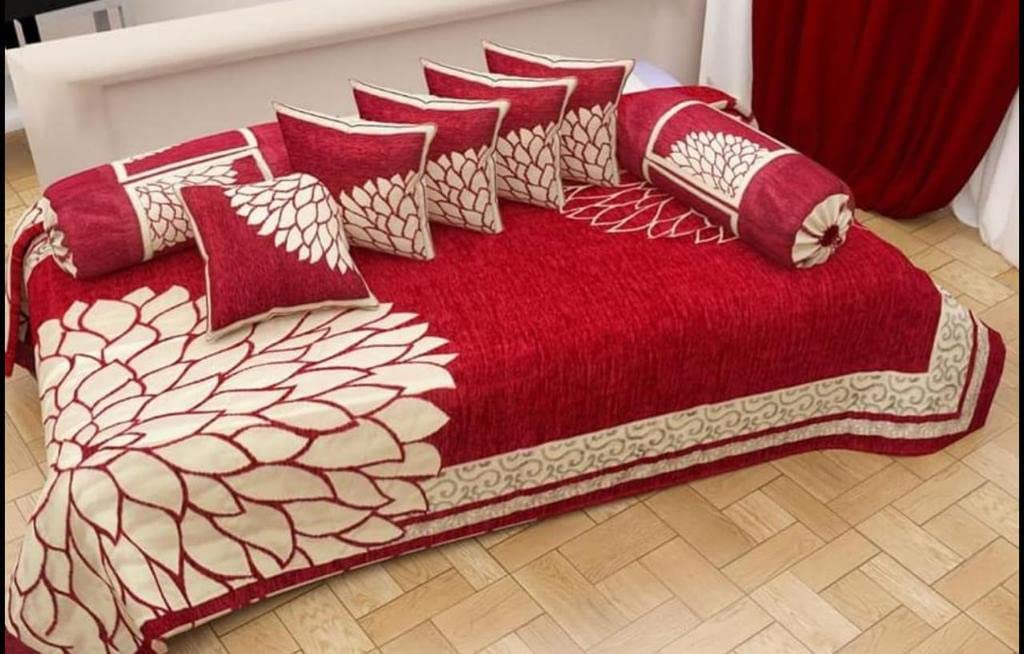 Premium Chenille Velvet Diwan Set | 8-Piece Luxury Set (1 Bedsheet + 2 Bolster Covers + 5 Cushion Covers 16x16) | Soft & Elegant Sofa Cum Bed Décor Set for Living Room & Guest Room (Red 2)-picture-42