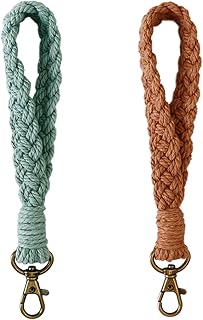 2 Pcs Boho Macrame Keychain Bracelet Handmade Wristlet Keychain Keyring Holder Wrist Lanyard for Women