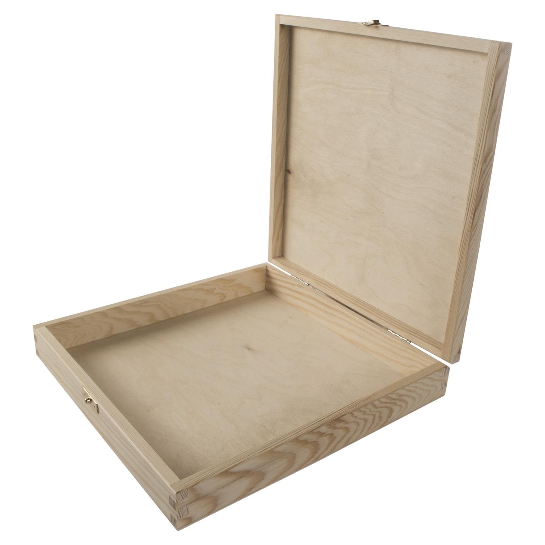 WooDeeDoo Large Square Wooden Box with Hinged Lid and Clasp - 28 x 28 x 5 cm – Pine Storage for Crafts Letters Photos Gift Sets Decorative Personalised Projects