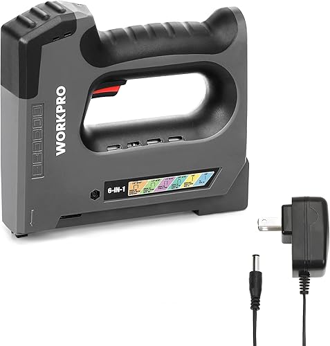 WORKPRO Pistola de grapas inalámbrica 6 en 1, grapadora eléctrica recargable de 3.6 V, cargador incluido, grapas excluidas