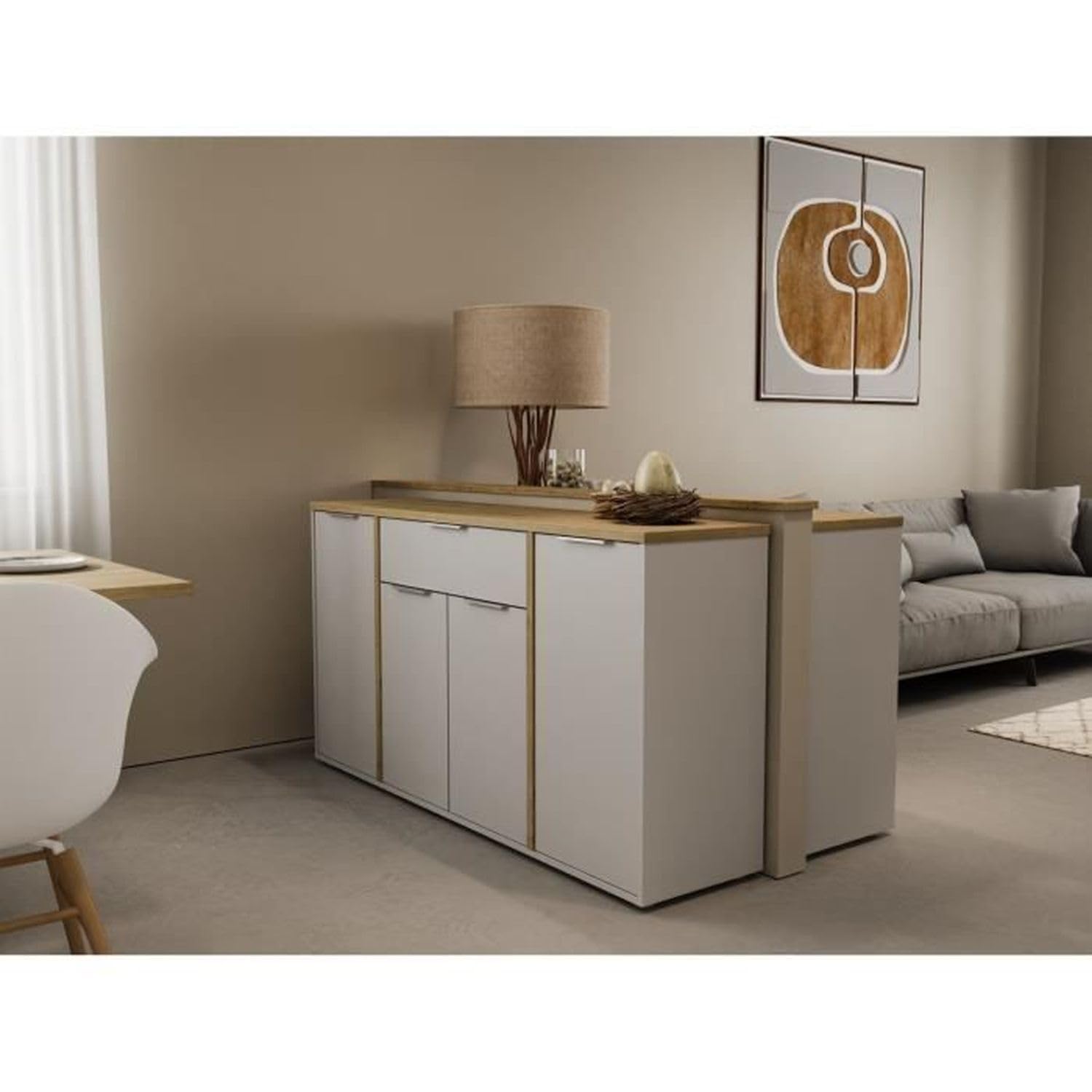 Buffet Moderne 4 Portes & 1 Tiroir – Style Scandinave – Coloris Blanc Mat & Chêne Hamilton - 160,7 x 39,6 x 85,6 cm