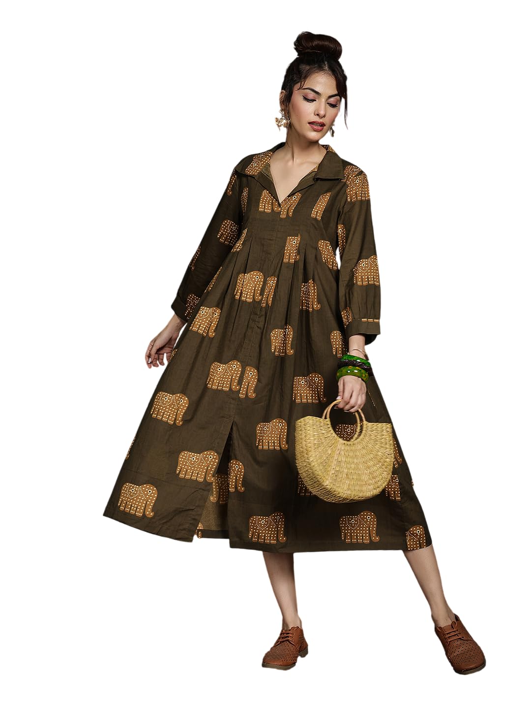 Women's Cotton Calf Length Printed Shirt Collar Flared Dress-image-41