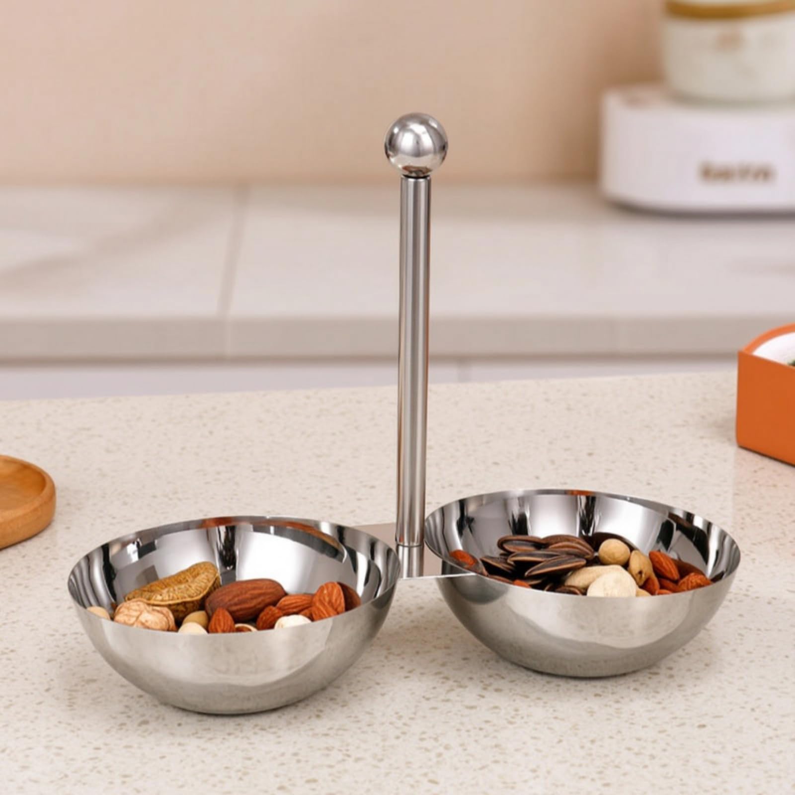 Serviertablett Snackschale Servierplatte Servierschale Edelstahl 3 Fächer Gegen Geschmacksvermischung Griff Und Standfuß Polierte Oberfläche für Zuhause Bar KTV, 3-Grid L 27-24cm