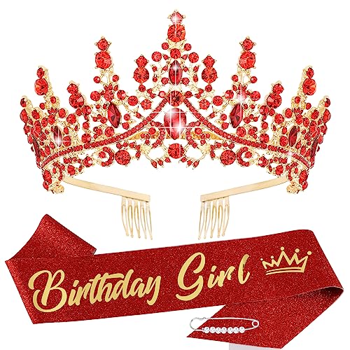 TOBATOBA Birthday Crown and Sash Set for Women and Girls - Princess Birthday Decorations and Gifts - Red Tiara