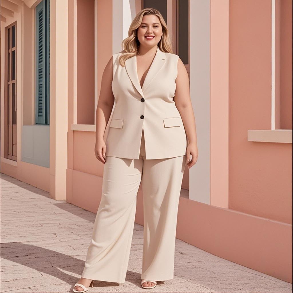Womens Vest and Wide Pants Summer Plus Size Sleeveless Blazer 2 Pcs Outfits Set Business Wedding Work