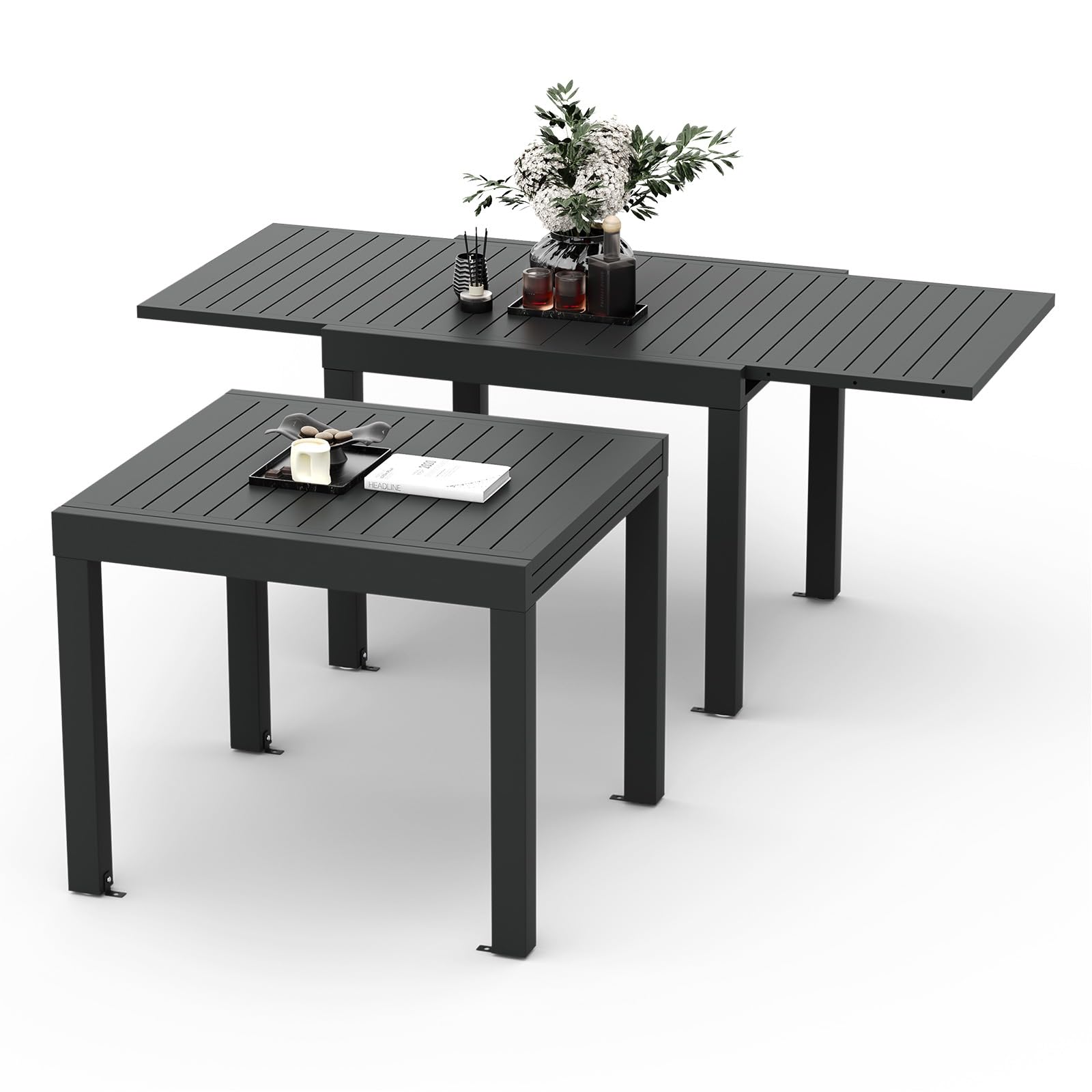 Devoko Tavolo da giardino, allungabile, 80/160 X 80 X 75 Cm, piccolo tavolo allungabile, alluminio, per balcone, resistente alle intemperie, allungabile, tavolo da pranzo per esterni, Grigio scuro