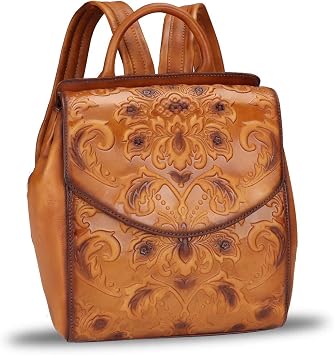 Genuine Leather Fashion Backpack for Women Vintage Embossed Real Leather Knapsack Purse Rucksack Daypack Bag