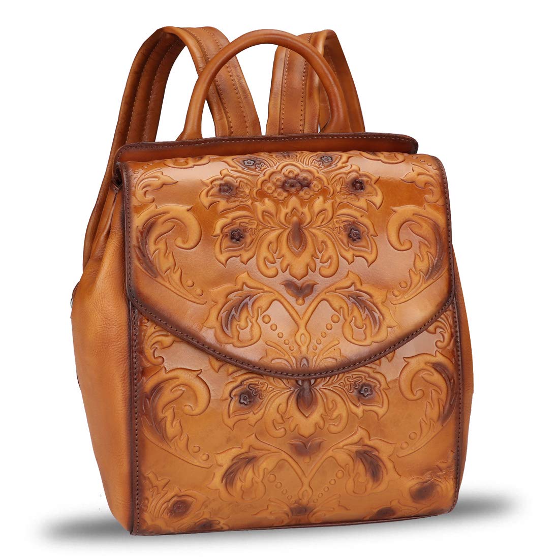 Genuine Leather Fashion Backpack for Women Vintage Embossed Real Leather Knapsack Purse Rucksack Daypack Bag