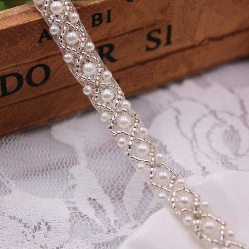 FQTANJU 1 Yards White Beaded Crystal Rhinestone Applique, Rhinetones Trim for Dress, Bridal Applique, Crystal Beaded Applique for Bridal Wedding, Party and Other Formal Occasions ( 1.5cm Wide )