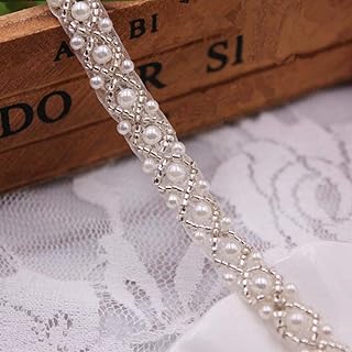 FQTANJU 1 Yards White Beaded Crystal Rhinestone Applique, Rhinetones Trim for Dress, Bridal Applique, Crystal Beaded Applique for Bridal Wedding, Party and Other Formal Occasions (1.5cm Wide) - Buy now