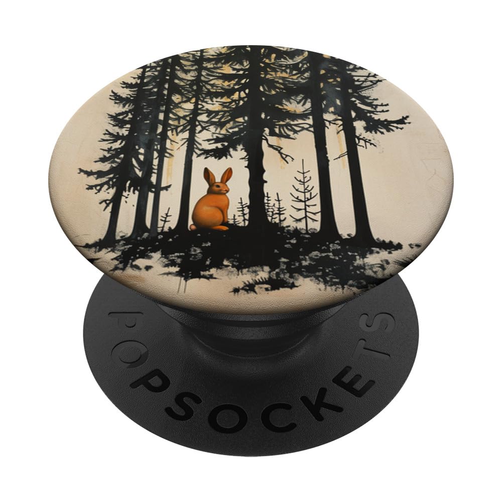 Bunny Rabbit Tall Pine Trees Mountains Forest Woods Nature PopSockets Swappable PopGrip, Black