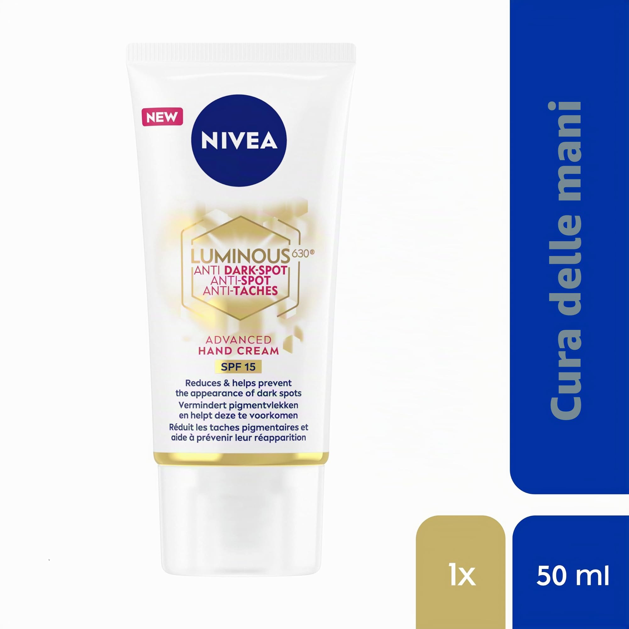 NIVEA LUMINOUS 630 Crema mani avanzata anti macchie scure (50 ml), crema per la pelle arricchita con acido ialuronico, crema mani nutriente per pelli luminose