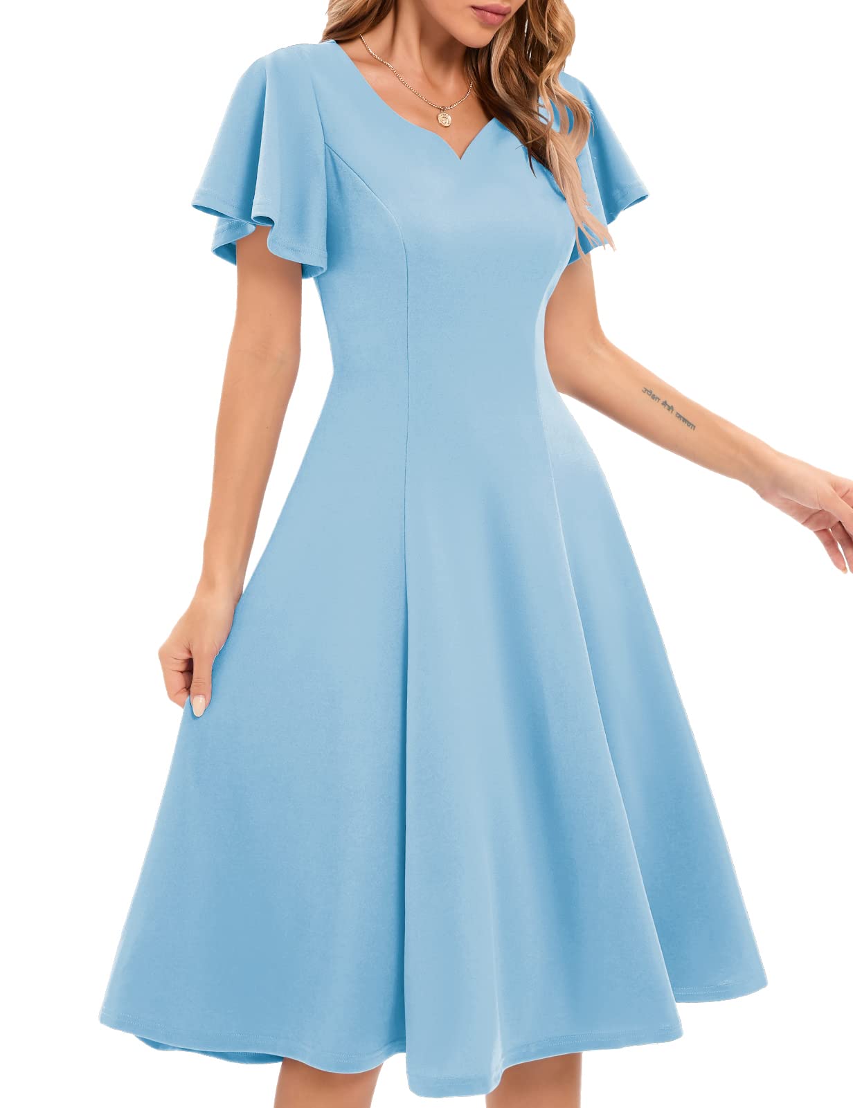Robe de cocktail raffinée HomRain bleue à col en V, textile fluide de haute qualité