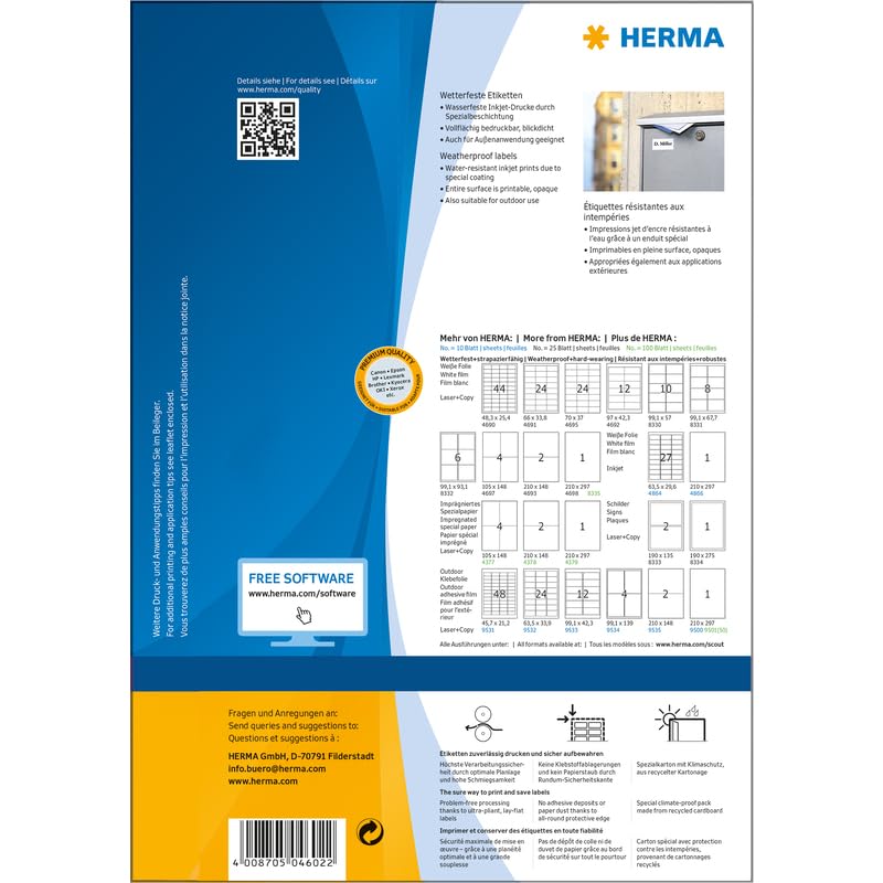 HERMA Etichette Universali, 210 x 297 mm, Etichette Adesive A4 per Stampante, 1 Etichette per Foglio, Bianco