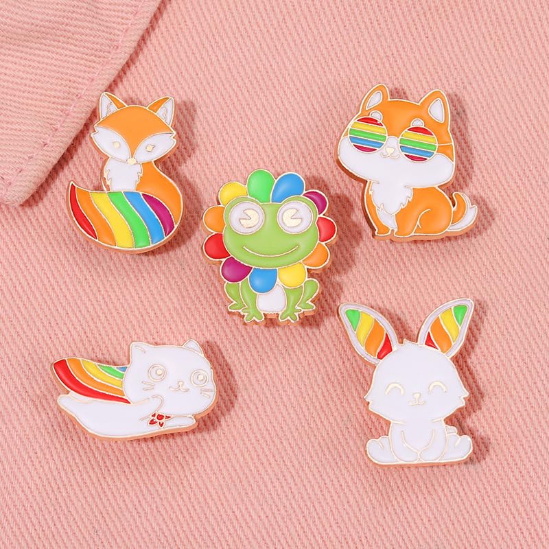5Pcs Cute Little Animal Theme Brooch Pin Rainbow Color Pattern Rabbit Fox Frog Alloy Brooch Enamel Pin Badge LGBT Pride Month Clothes Ornament2