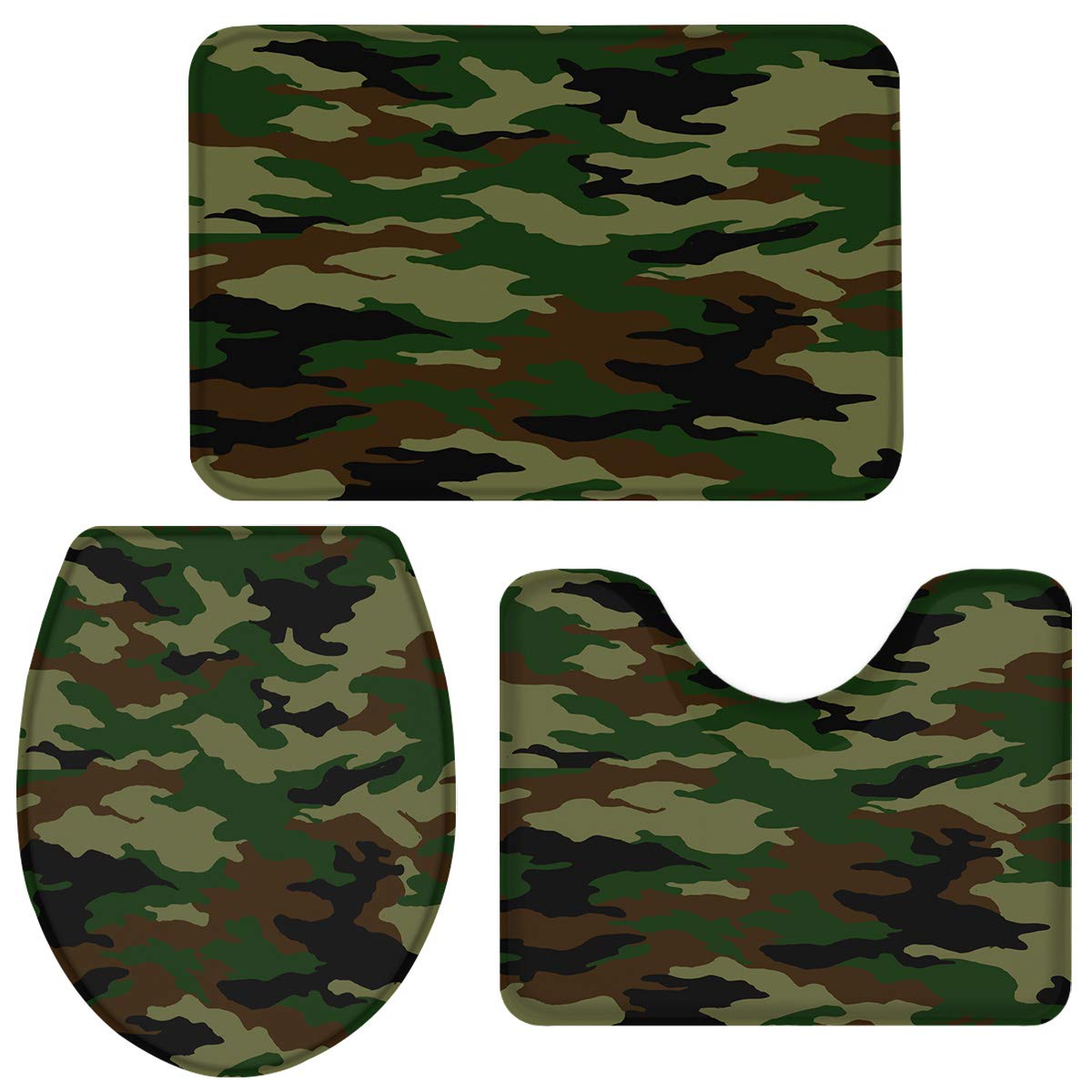 OneHoney Bathroom Rugs Set Military Camouflage Forest Camo Non-Slip Rug Water Absorbent Floor Mats and Toilet Seat Cover American Army 3-Piece Bath Mat Sets for Home Decor