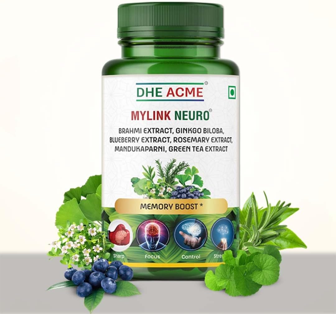 DHE-ACME™ MYLINK NEURO™ Memory Boost Tablets - Brain Support with Brahmi, Ginkgo Biloba, Blueberry, Rosemary, Mandukaparni & Green Tea - Focus, Clarity & Cognitive Function - 60 Capsules
