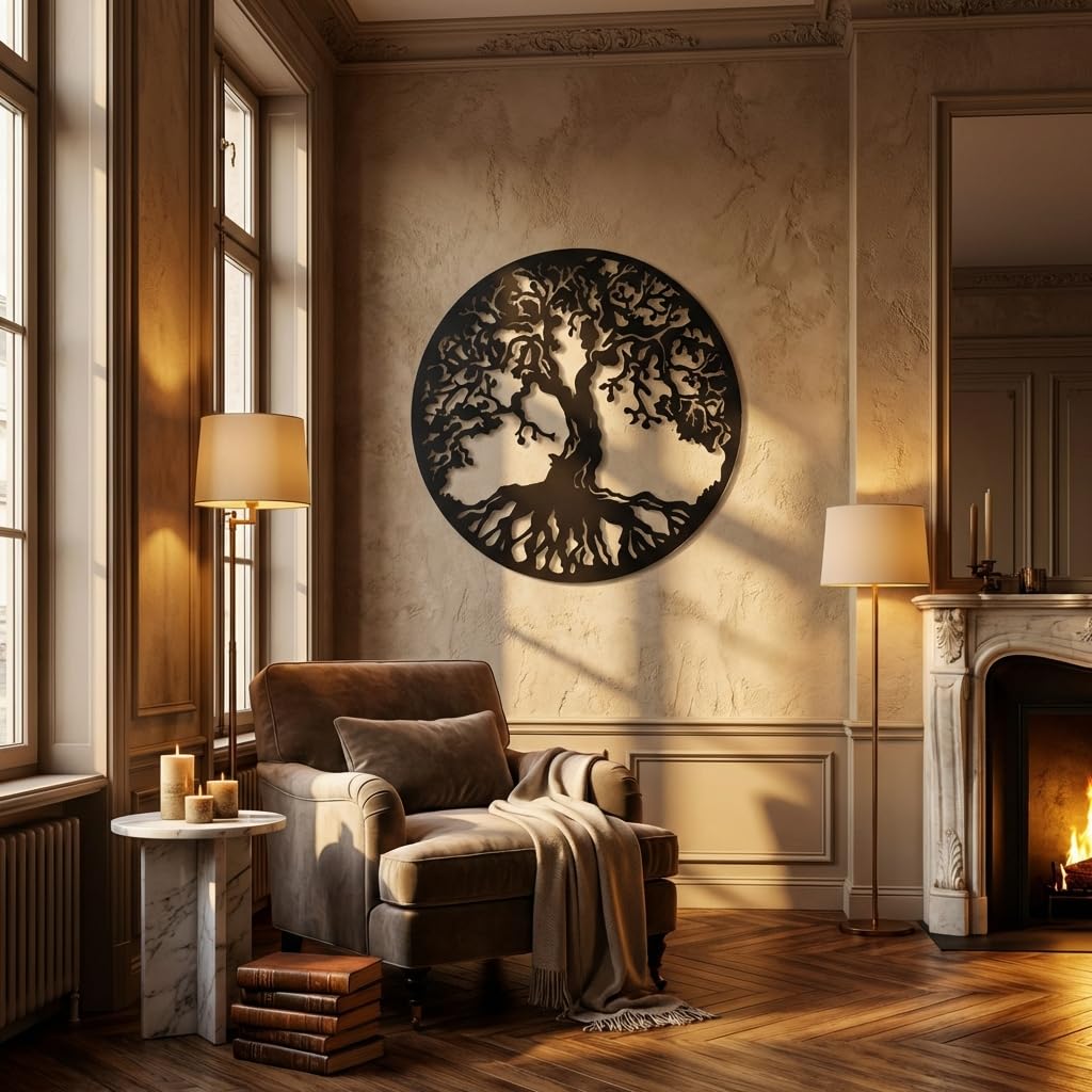 Baum des Lebens Wanddeko aus Metall – Schwarze Stahl-Wandkunst, 90 cm Rund, Indoor & Outdoor