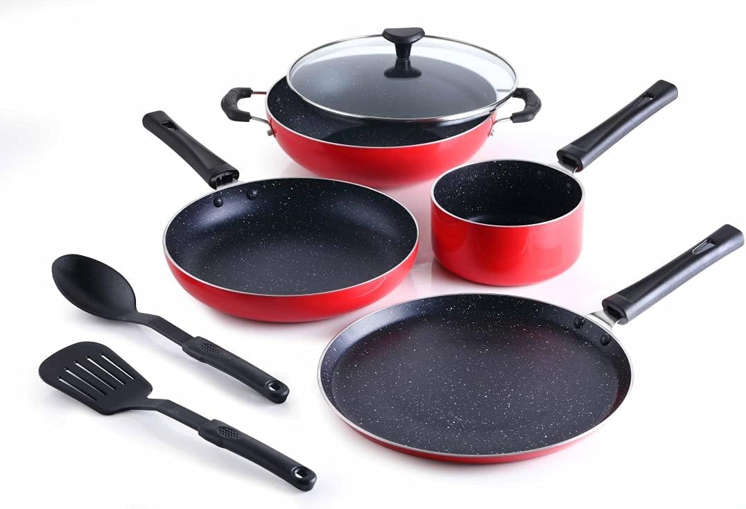 Crystal Classic Series 7-pc Non-Stick Induction Bottom Cookware Set, PFOA Free, Tawa, Fry-Pan, Kadhai with Glass Lid, Sauce Pan with 2 Serving Spoons, Red,Aluminium, 7