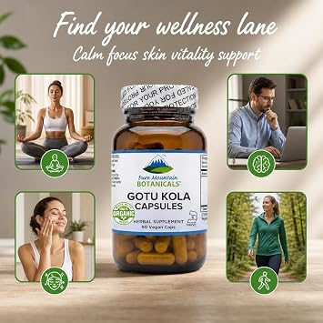 Pure Mountain Botanicals Gotu Kola Capsules with 400mg Organic Centella Asiatica - 90 Count - Non-GMO Gluten-Free Vegan Supplement