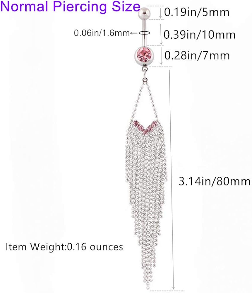 IrbingNii Belly Button Rings Long Dangle Belly Piercing 316L Stainless Steel Pink Tassels Body Chain Belly Rings for Women 14G