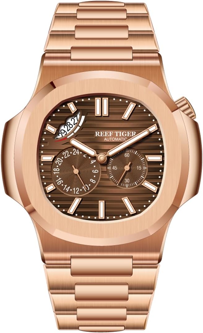 Reloj automático cuadrado de lujo para hombre: acero inoxidable en oro rosa, calendario, esfera de 24 horas, indicador de segundero, cristal de zafiro, reloj de pulsera automático resistente al agua, reloj de pulsera de negocios para hombre