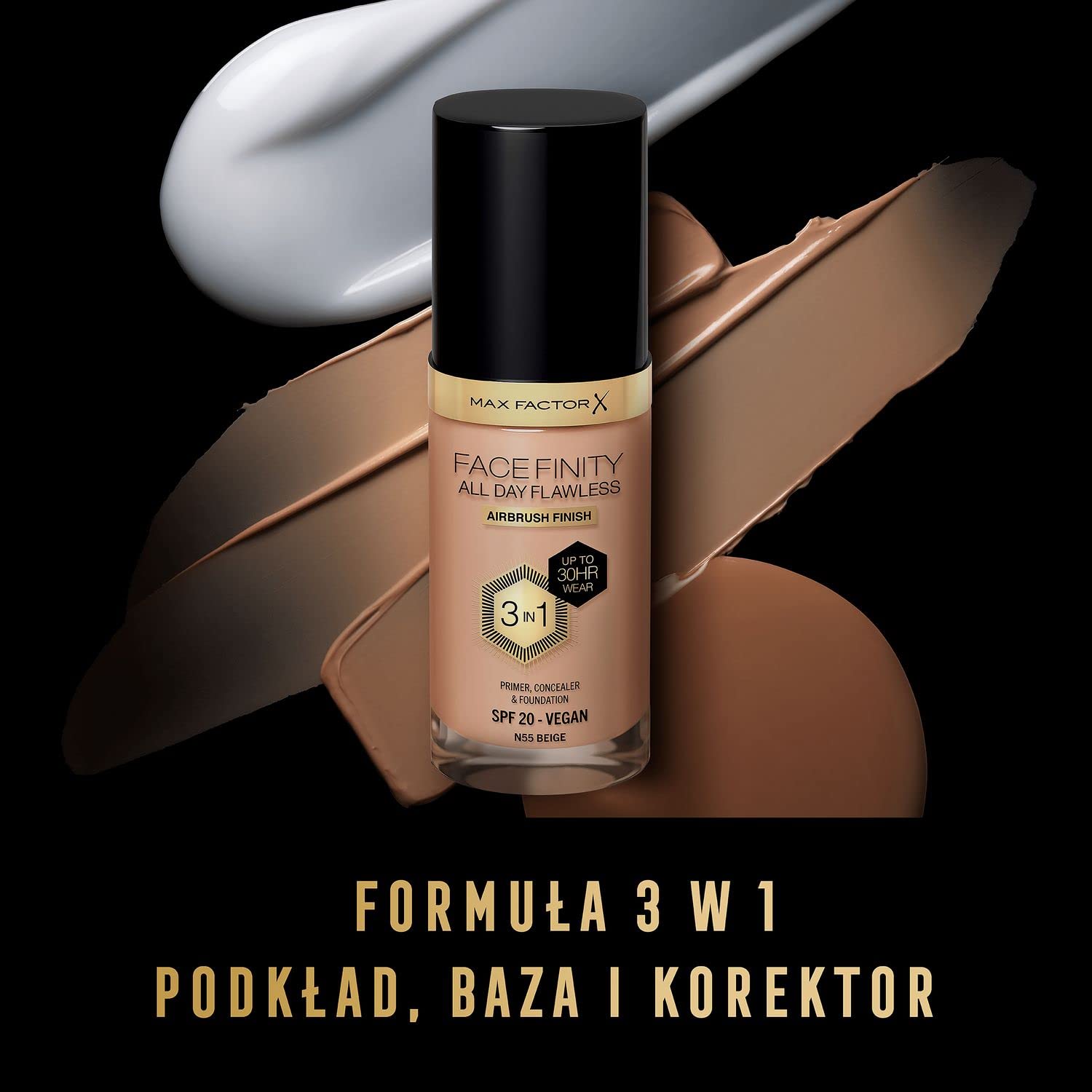 Max Factor Facefinity All Day Flawless Make-up 3w1 baza, korektor, podkład z filtrem SPF 20, nr N55 Beige, 30 ml