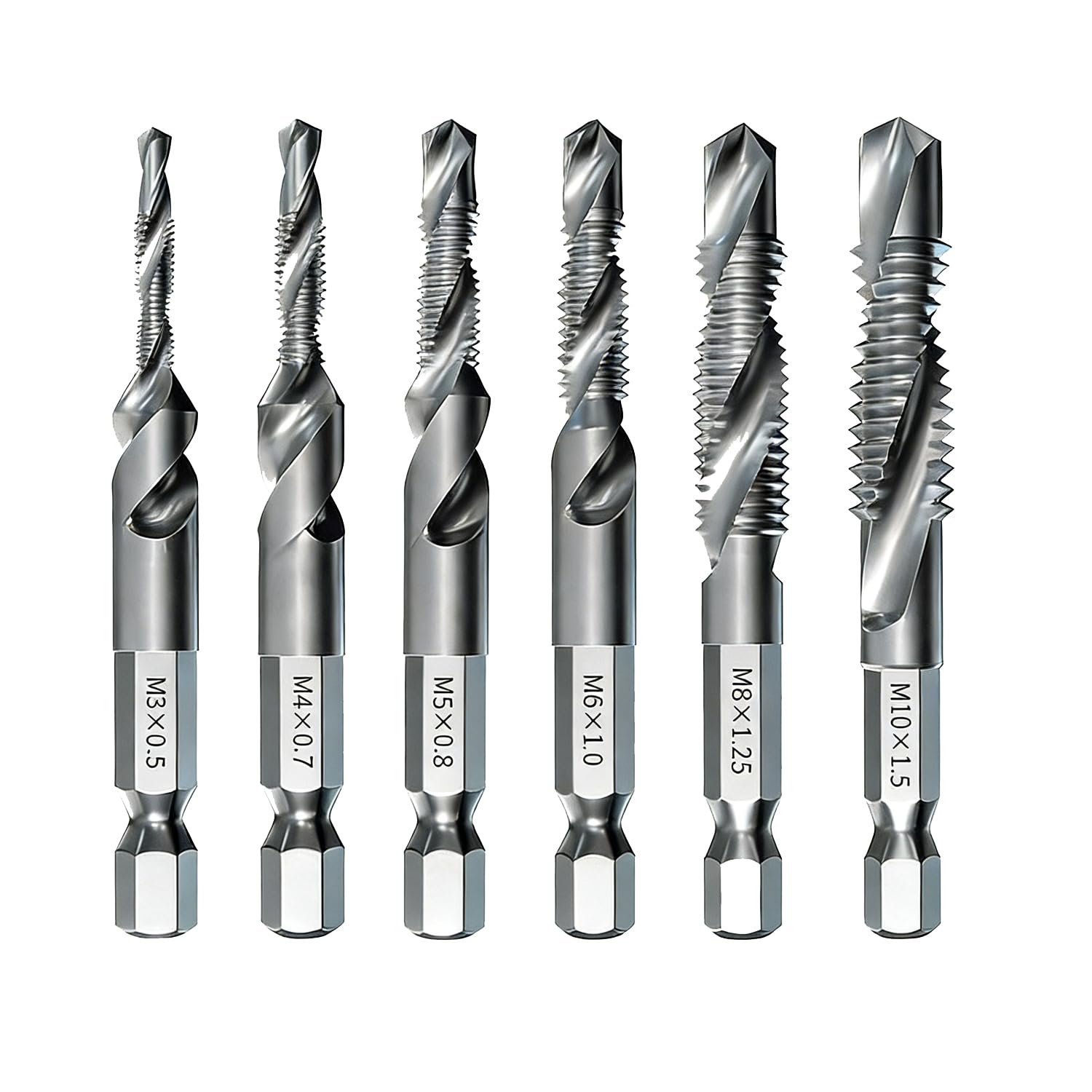 Pack of 6 Combination HSS Drill Bit Set, Hex Drill Bits and Tap Set M3 M4 M5 M6 M8 M10, Screw Tapping Threading Tools for Hard Steel Metal Wood Plastic (Silver)