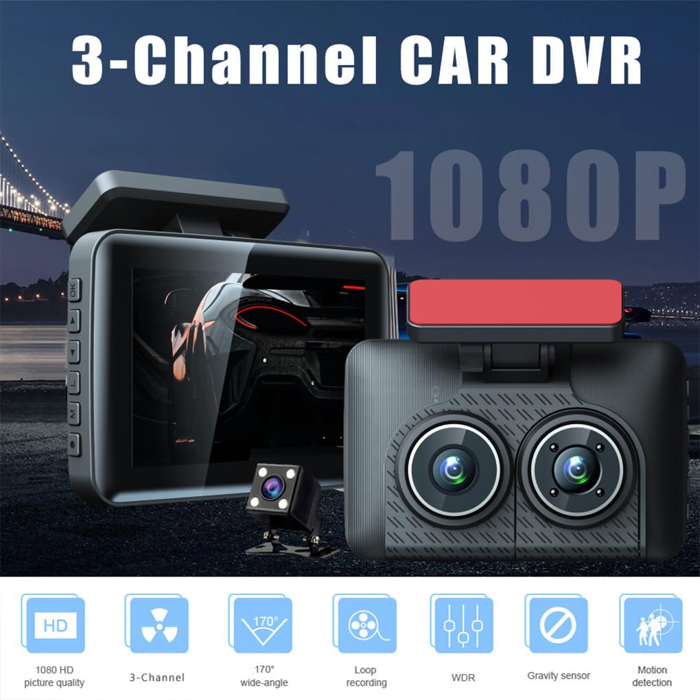 Dash Cam a 3 Per canali DVR per auto a 3 obiettivi, anteriore e posteriore, registratore interno per auto, registratore video, telecamere per, sensore G