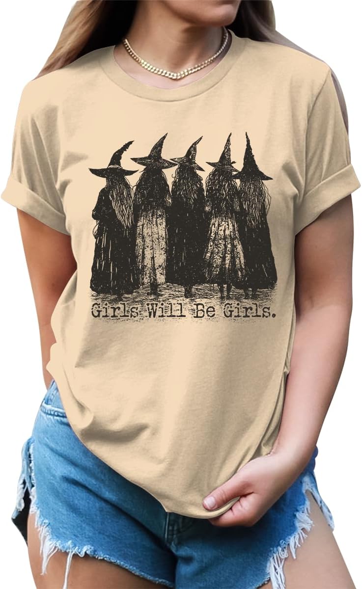 Women's Girls Will Be Girls Witch Shirt Vintage Halloween Graphic Tees Cute Witchy Clothes - Image 4