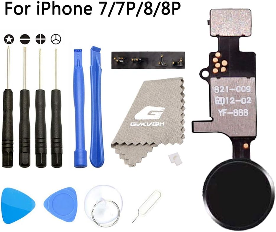Upgraded Home Button Replacement for iPhone 7 7Plus 8 8Plus,GVKVGIH Home Button Touch ID Main Key Flex Cable Assembly Replacement with Repair Tools for iPhone 7 7P 8 8P (Black)