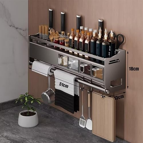 Miniatura 6 de Estante de especias montado en la pared con los estantes de la cocina, organizador del almacenamiento colgante con el tenedor y los ganchos de la