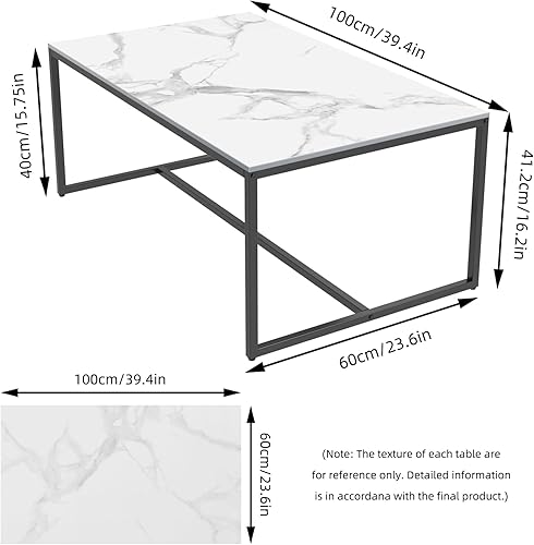 Miniatura 2 de Wisfor Mesa de centro de piedra sinterizada mesa auxiliar de sofá blanca con marco de metal negro para sala de estar, 39.4x23.6x15.7 pulgadas