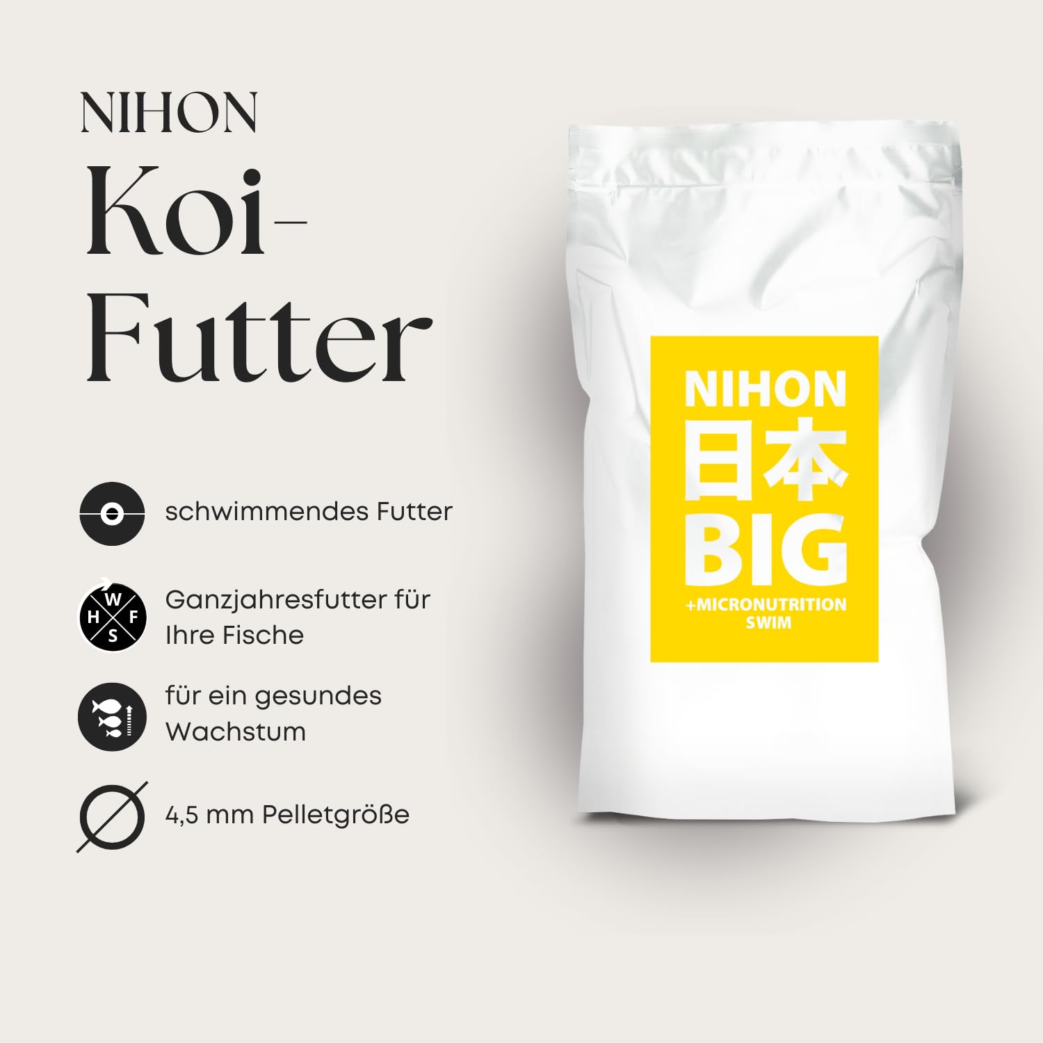 NIHON Hokovit Big Swim karma dla koi – pływająca całoroczna karma dla koi i karpia – ze spiruliną i astaksantyną – wspomaga zdrowy wzrost i rozwój koloru – granulki 4,5 mm – 5 kg