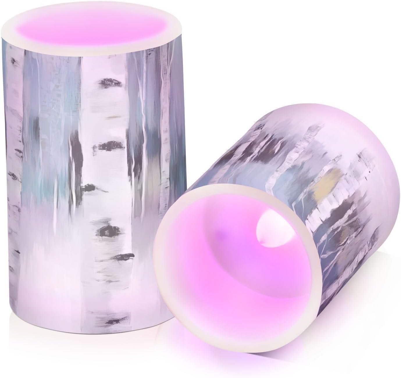 Painting White Birch Trees Flickering Flameless Candles LED Battery Operated with Remote Timer Pillar Candles for Home Birthday Wedding Christmas Decor, Set of 2