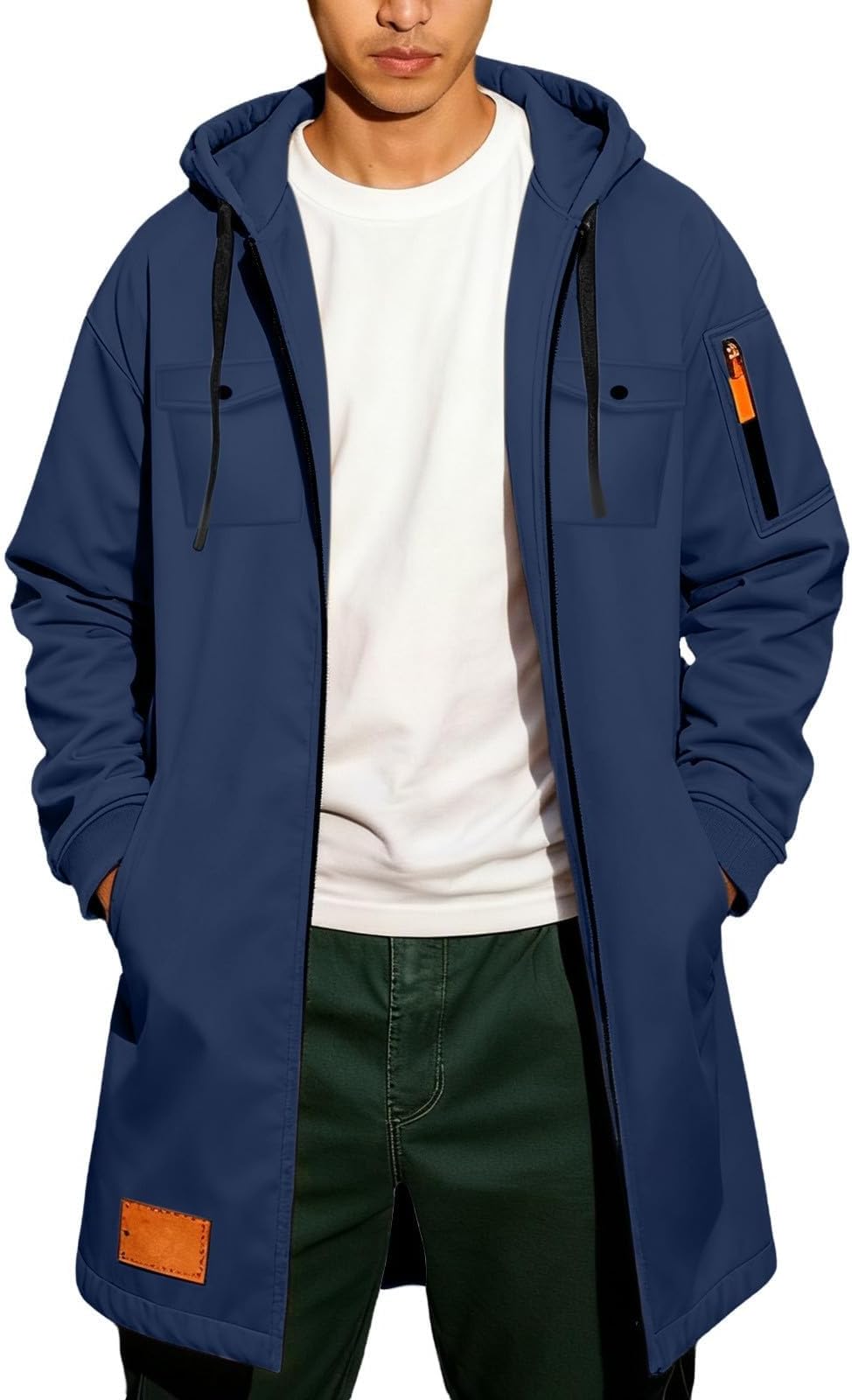 Zip Up Hoodie for Men Comfortable Drawstring Coat Knee Length Overcoat Jacket Winter Long Trench Long Sleeve Sweatshirt Outdoor Casual Plain Hoodie Tops with Pocket