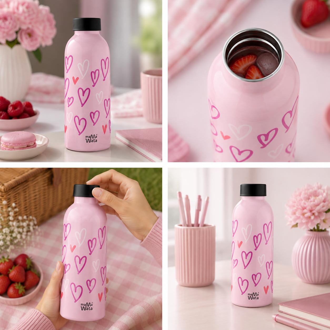 Borraccia Termica 470 ml in Acciaio Inox, Bottiglia Termica 24h Cold 12h Hot Ermetica, Borraccia Personalizzata Hearts, Borracce Termiche Bambini Ragazzi Adulti, BPA Plastic-Free 18,5H cm