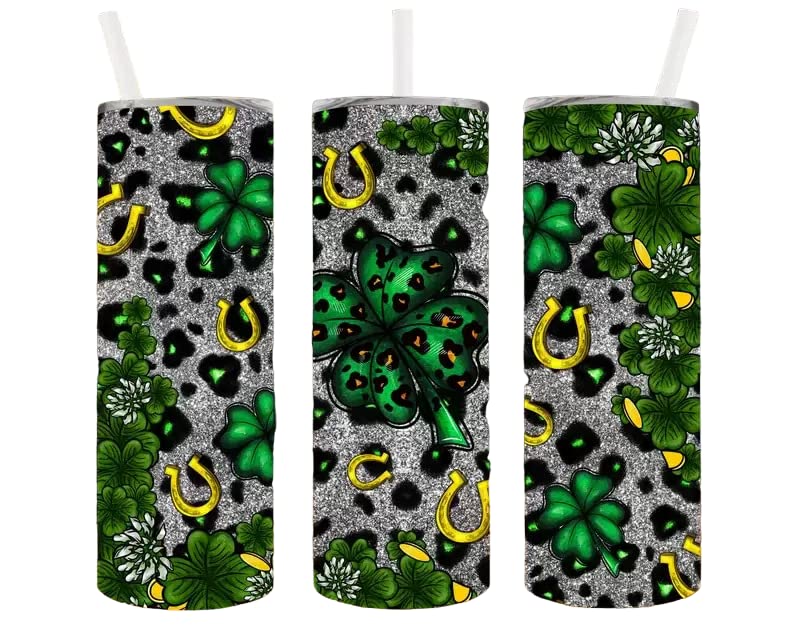 St. Patrick's Day Leopard Tumbler Sublimation Wrap - Ready to Press Sublimation Tumbler Wrap - 20 oz Straight, Green Horseshoe Good Luck