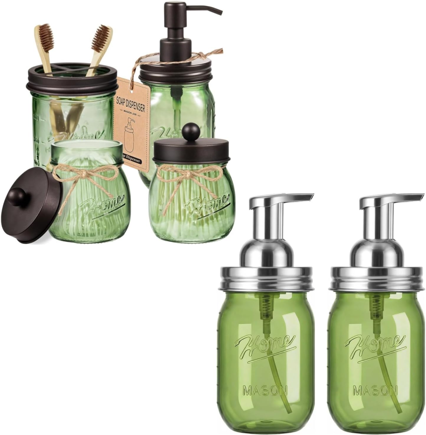 Amolliar Plastic Mason Jar Foaming Soap Dispenser Lid, Green Foam Soap Dispenser for Bathroom Kitchen & Mason Jar Bathroom Accessories Set, Lotion Soap Dispenser, 2 Qtip Holders, Toothbrush Holder