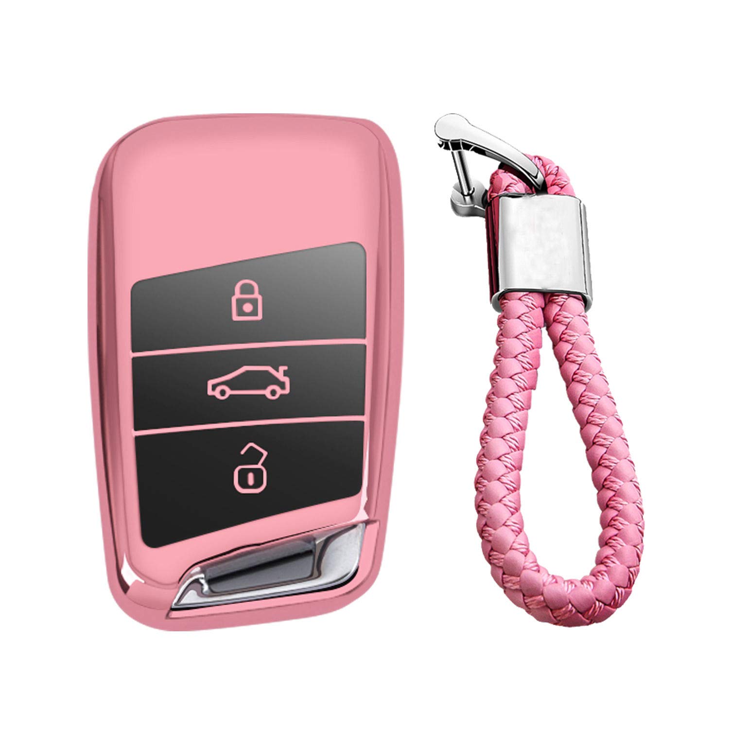 M.JVisun Soft TPU Case Cover Protector Car Key Fob Cover for Volkswagen Arteon Atlas Golf Alltrack Jetta Passat for Tiguan for Skoda Kodiaq Superb A7 Smart Remote Key - Glossy Pink - Braided Keychain