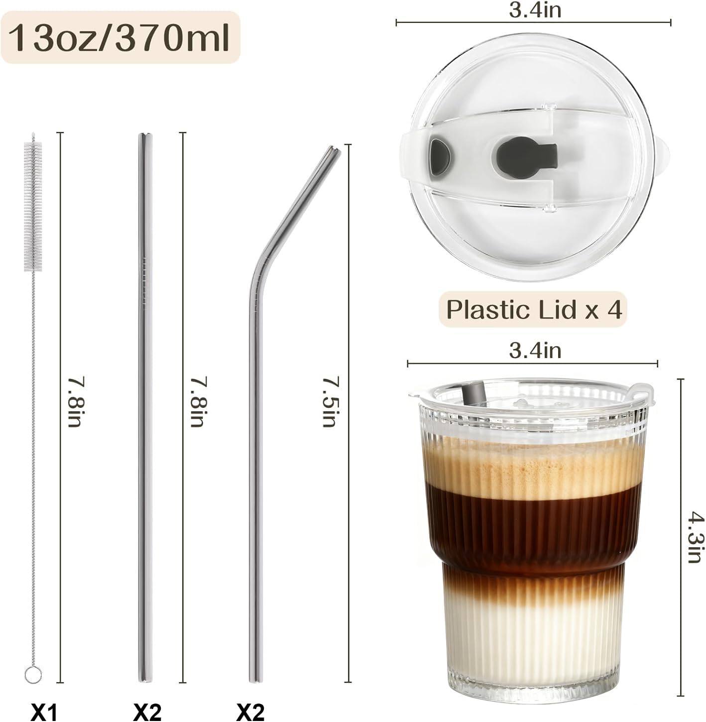 13oz Iced Coffee Cups,4Pcs Glass Cups with Lids and Straws,Drinking Glasses Clear Ribbed Glassware,Reusable Tumbler Glass to Go Cup for Matcha, Iced Tea,Juice - Image 2