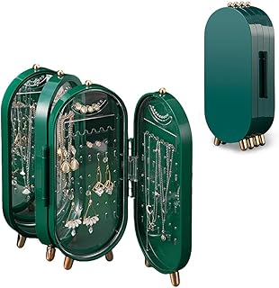 Jewellery Box Display Organiser Display Case Folding Acrylic Earrings Plastic Necklace with Mirror for Earrings, Necklaces (Green)