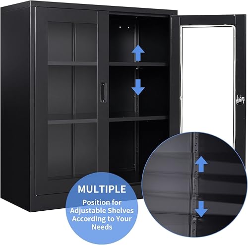Miniatura 7 de Yizosh Armario de almacenamiento de metal con puertas de cristal, vitrina con bloqueo de 35.4 pulgadas con 2 estantes ajustables para oficina en