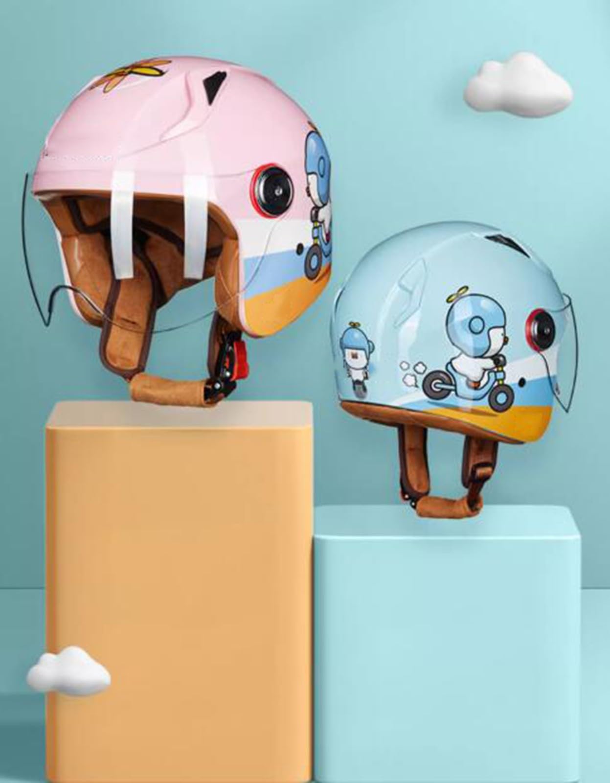 Casco De Motocicleta para Niños, Casco Abierto 3/4 De Moda De Dibujos Animados con Visera, Medio Casco Eléctrico para Niños Y Niñas D,52-56CM
