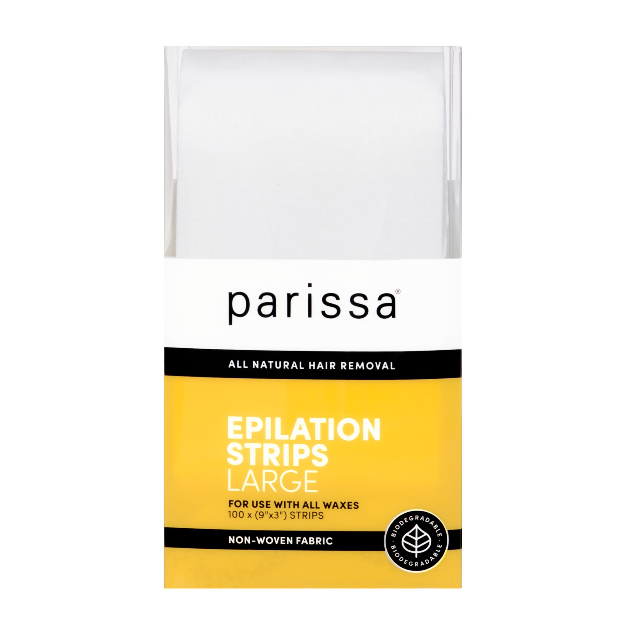 Parissa Epilation Strips (Large) | Non-Woven Waxing Strips, Soft & Durable for All-Over Hair Removal, 100% Biodegradable & Reusable with Wax, Professional-Quality for At-Home Waxing | 100 count