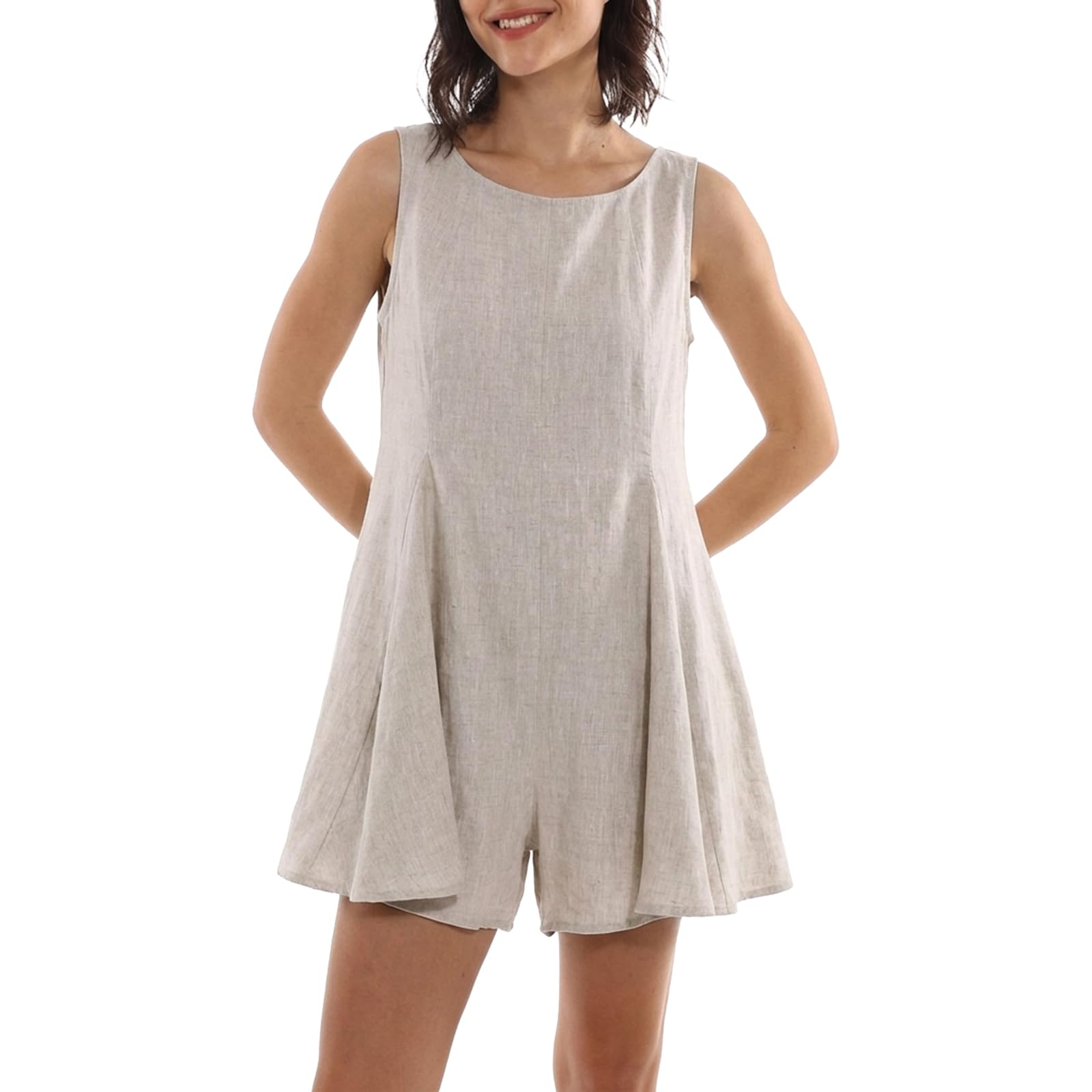 Amazhiyu Mono de lino para mujer, sin mangas, de pierna ancha, con cuello redondo, cuello redondo, elegante