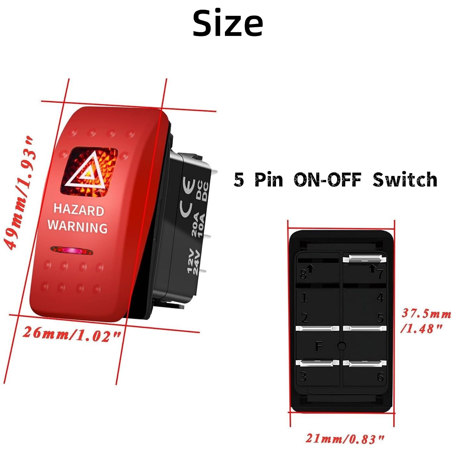 Hazard Warning Rocker Switch LED 5 Pin SPST 12V ON-Off Emergency Stop Switch with Red Cover, Car Hazard Lights Rocker Toggle Switches Waterproof for Automotive Marine Boat Truck UTV RZR Console