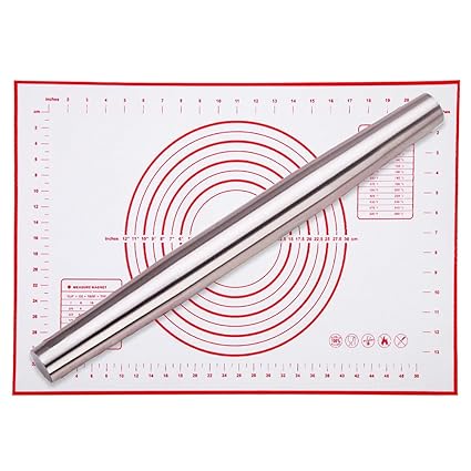 Rolling Pin and Silicone Baking Pastry Mat Set, 13 Inch Stainless Steel Dough Roller, Rolling Pins, for Baking Dough, Pizza, Pie, Pastries, Pasta, Cookies