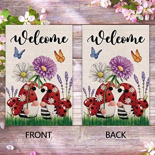 Texupday Welcome Ladybug Gnomes Floral Decoration Double Sided Burlap Garden Flag Rustic Spring Summer Seasonal Outdoor Yard Flag 12" X 18" #TOP2